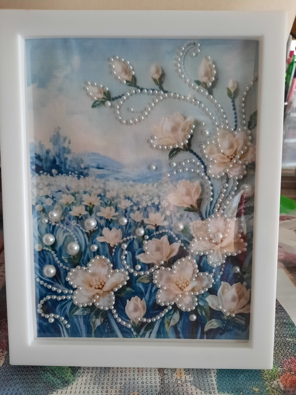 Framed Pearl-Embellished Floral Wall Art - Blue and Cream